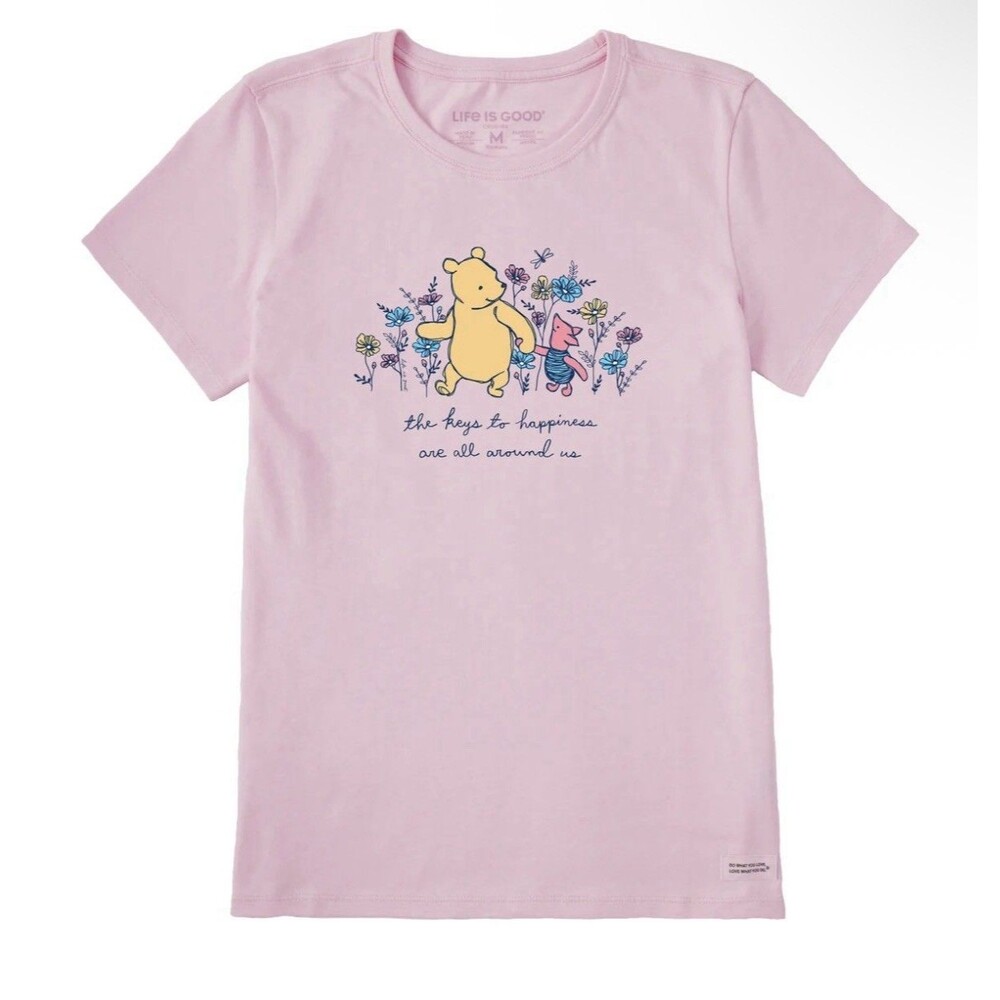 Life Is Good Women's Winnie & P Happiness Flowers SS Crusher Tee Size L Pink E2